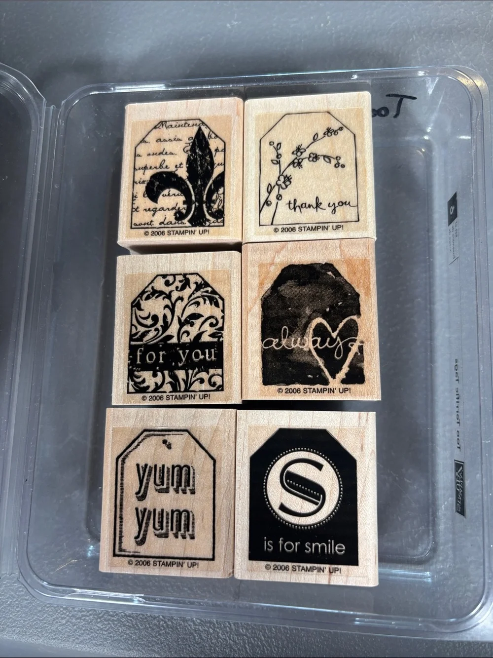 Stampin’ Up Too Terrific Tags 2006 Set of 6 Wood Mount Rubber Stamps